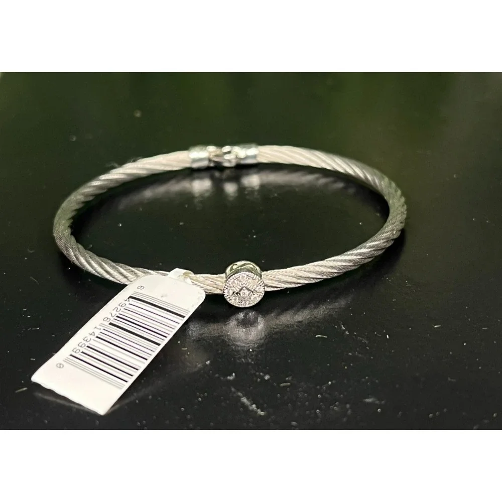 CHARRIOL 18K White Gold 0.05ct Diamond Stainless Steel  Wire Cable Bracelet Sz 7